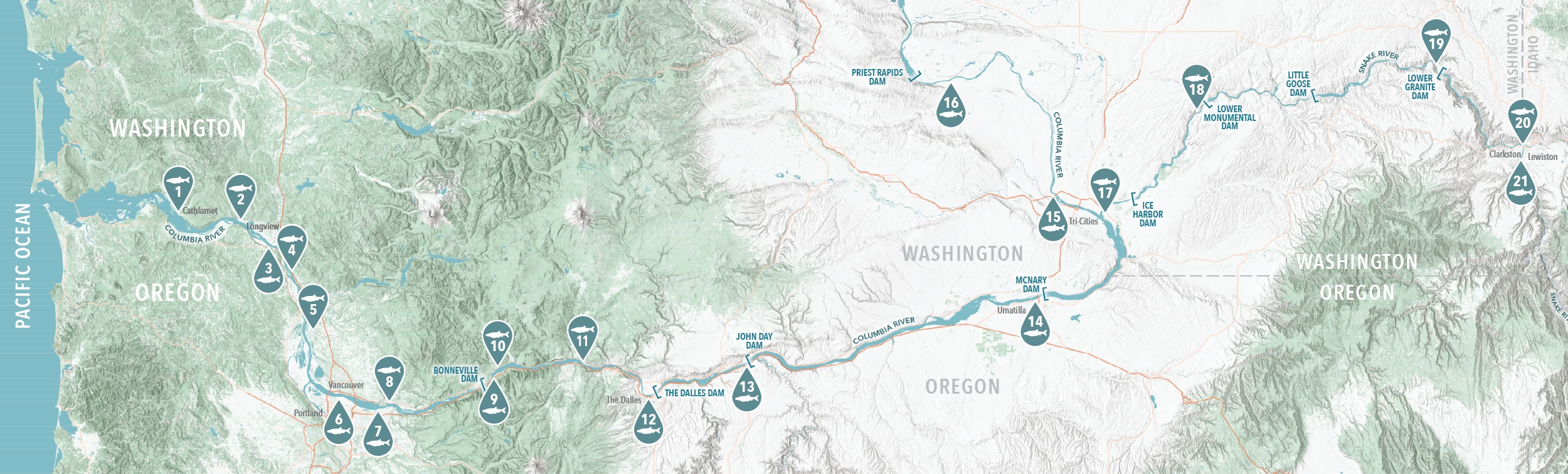 Color topography map of Northern Pikeminnow Sport-Reward Program station locations with numbered station icons.
