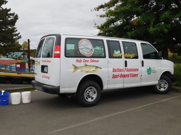 Image of Northern Pikeminnow Sport Reward Program van at the Ridgefield Marina.